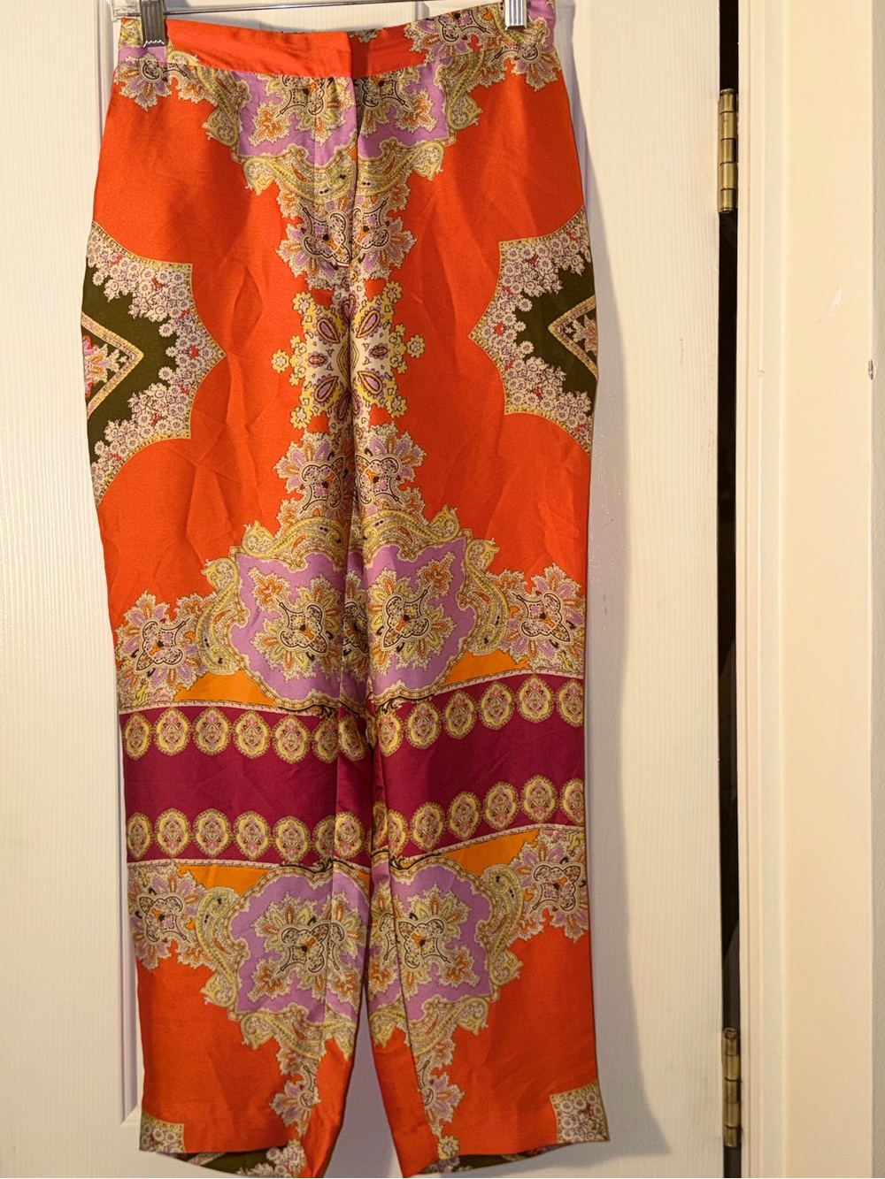 Zara XS Satin Paisley Print Straight Leg Pants Red Purple Orange Boho